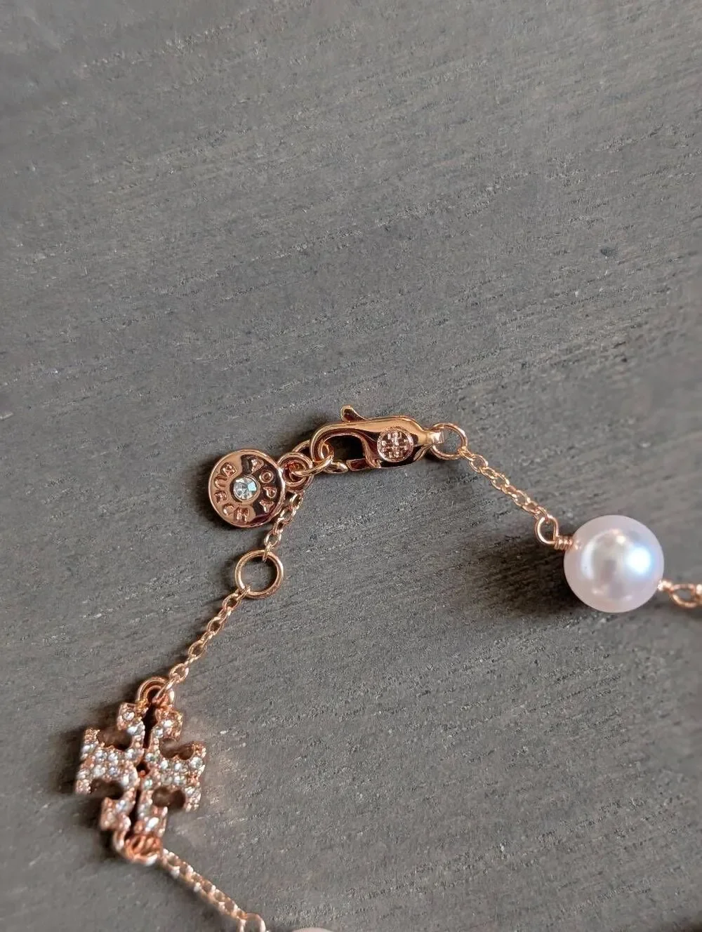 TORY BURCH Kira Pave Logo Delicate Pearl Rose Gold Chain Bracelet